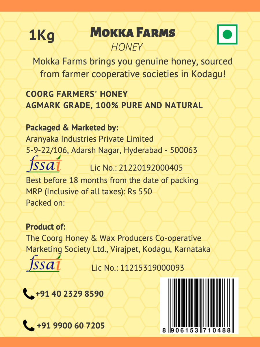 MokkaFarms Authentic Coorg Farmers' Honey | AGMARK Certified Standard Honey | Farmers' Cooperative Society Honey | Kodagu, Karnataka, India |