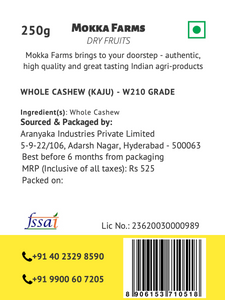 MokkaFarms Premium Cashew/ Kaju - W210 Large Grade | Whole Cashews | 100% Natural | Dry Fruits, Nuts | Great Taste, Crunchy and Buttery Flavour | Farm to Fork | Zip-lock Bag | 250g