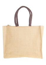 Load image into Gallery viewer, MOKKAFARMS 100% Jute Bags | Multi-purpose Bag | Grocery + Shopping Bag | Secure Zip Closure | Food-grade | Carry All Large Bag | 15in x 12.5in x 7.5in