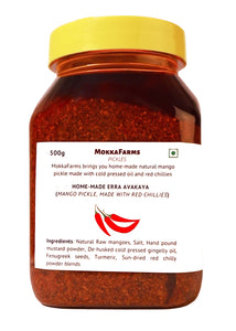 MokkaFarms Traditional Andhra Pickles | Home-made | Erra Avakaya (Red) | Farm Grown Natural Raw Mangoes + Red Chilli Powder + Cold Pressed Gingelly Oil | No Garlic |