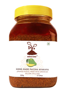 MokkaFarms Traditional Andhra Pickles | Home-made | Paccha Avakaya (Greenish Yellow) | Farm Grown Natural Raw Mangoes + Green Chilli Powder + Cold Pressed Gingelly Oil | No Garlic |