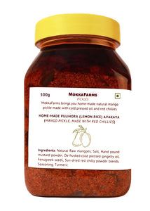 MokkaFarms Traditional Andhra Pickles | Home-made | Pulihora Avakaya | Lemon-Rice Pickle | Farm Grown Natural Raw Mangoes + Red Chilli Powder + Cold Pressed Gingelly Oil | No Garlic |