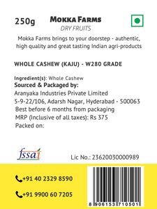 MokkaFarms Premium Cashew/ Kaju - W280 Grade | Whole Cashews | 100% Natural | Dry Fruits, Nuts | Great Taste, Crunchy and Buttery Flavour | Farm to Fork | Zip-lock Bag |